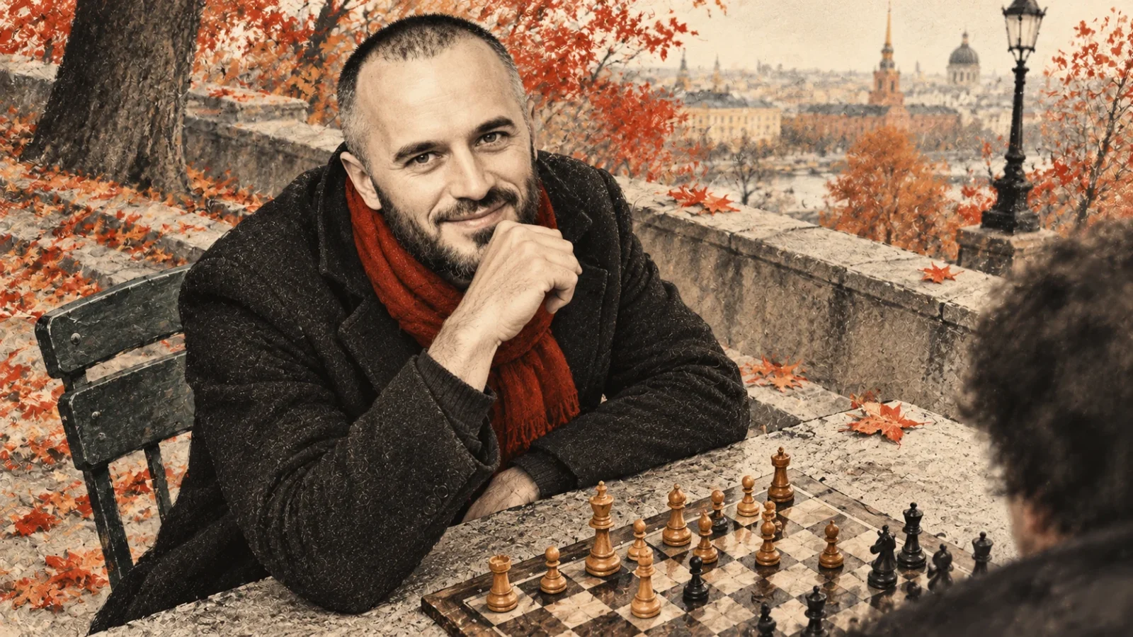 Евгений Зайферт играет в шахматы за столом в осеннем парке, диагональный ракурс сверху — AI-иллюстрация